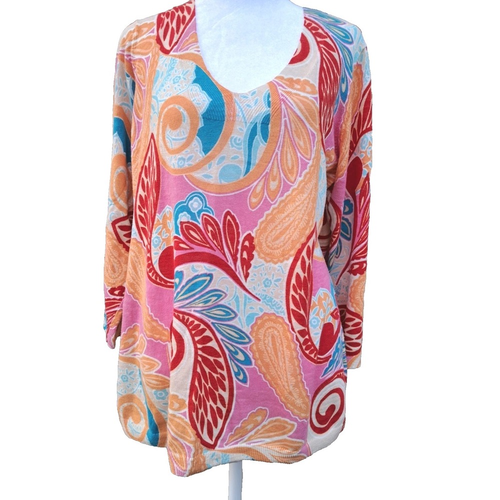 Talbots Women's Pullover V-Neck  3/4 Sleeve Colorful Cotton Sweater Tunic Large